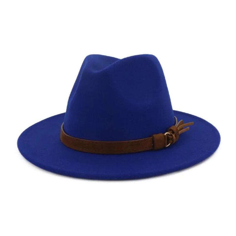 Шерстяная шляпа Fedora для женщин и мужчин, джаз, церковь, Панама, шляпа с кожаная лента, Элегантная Леди, зима, осень, широкие шляпы сомбреро - Цвет: blue