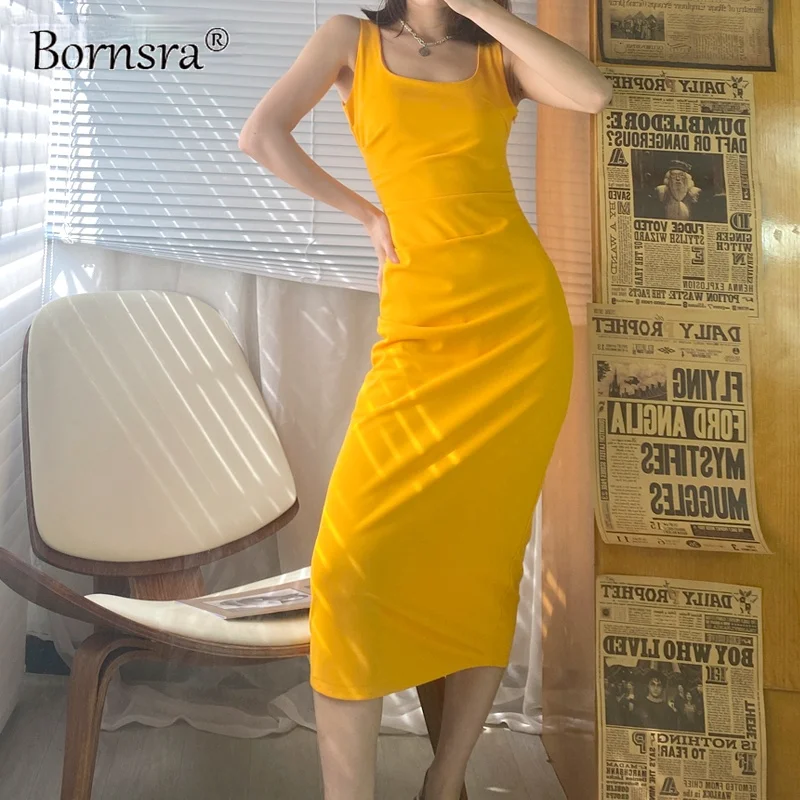 

Bornsra Sleeveless Bodycon Dress Women Elegant Summer Ruffles Square Collar Off Shoulder Sexy Midi Dresses Female Vestidos
