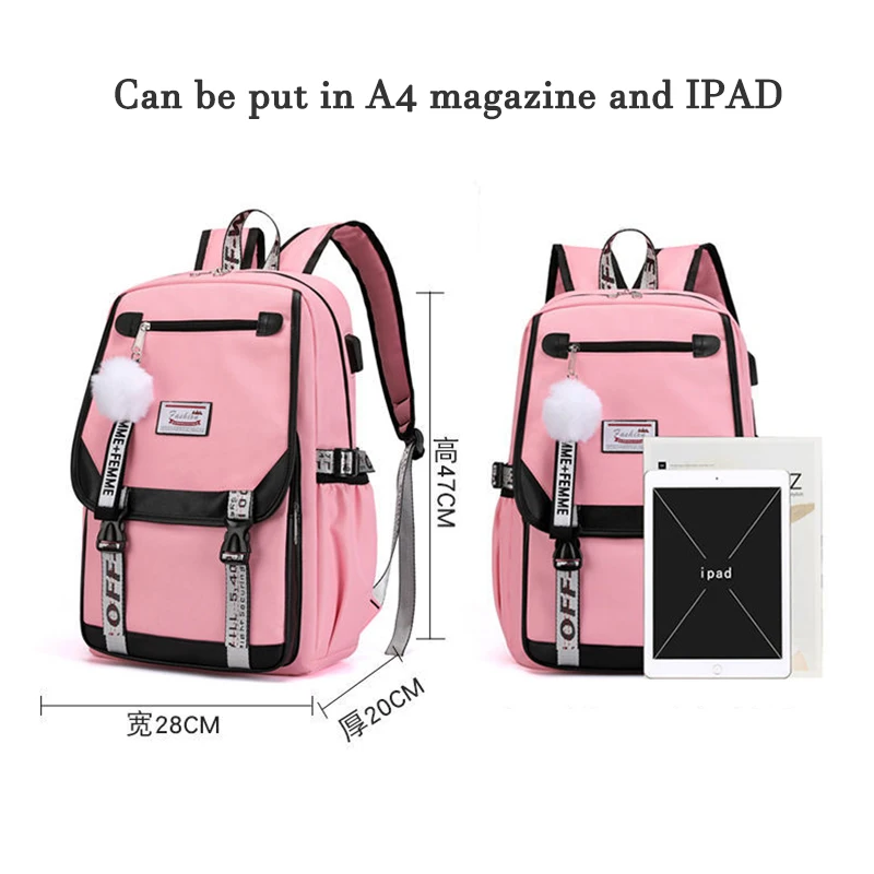 

Pink Women Backpacks School Bags for Girls Teenage Large Capacity Sweet Cute Back Pack Hairball Patchwork Nylon Bagpack USB Big