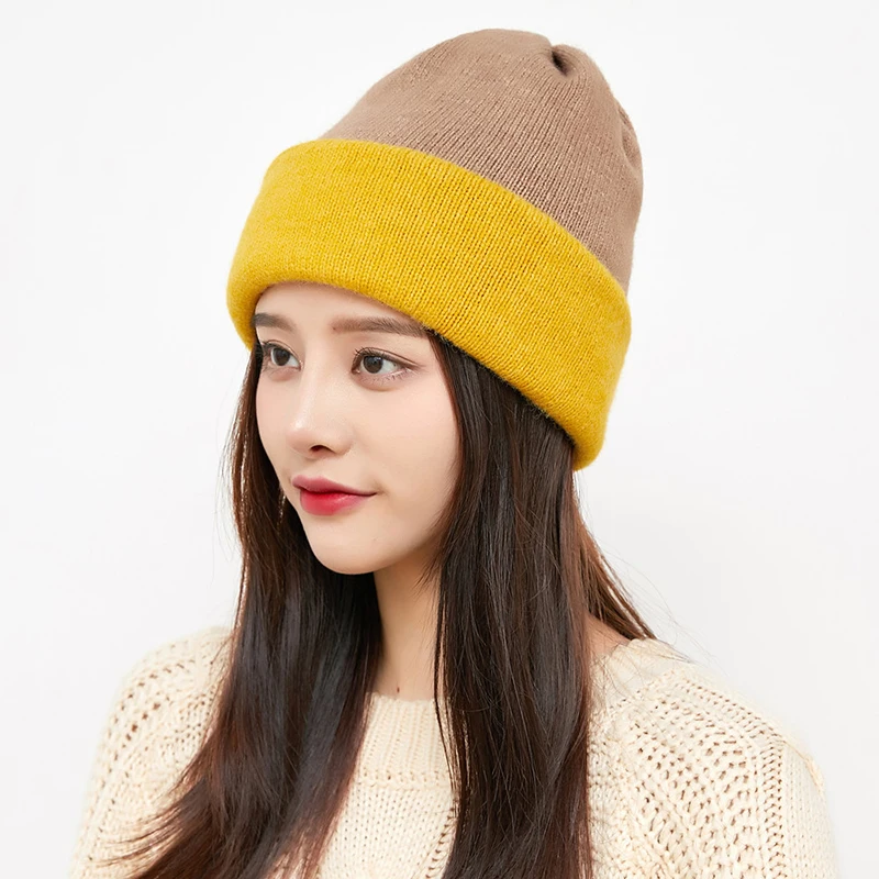 

New Winter Women Woolen Double Layer Warm Color Matching Hats Ladies Fashion Knitted Caps