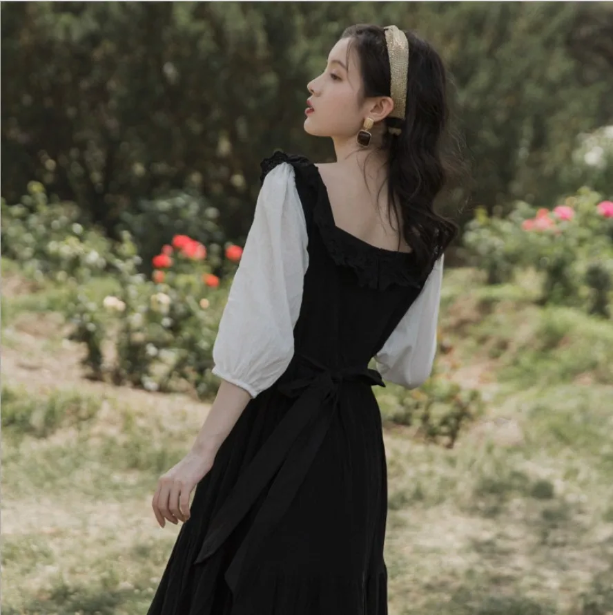 

High Quality Autumn Vintage Dress Square Collar Lantern Sleeve Long Party Dress Women Ladies Maxi Dress Vestidos