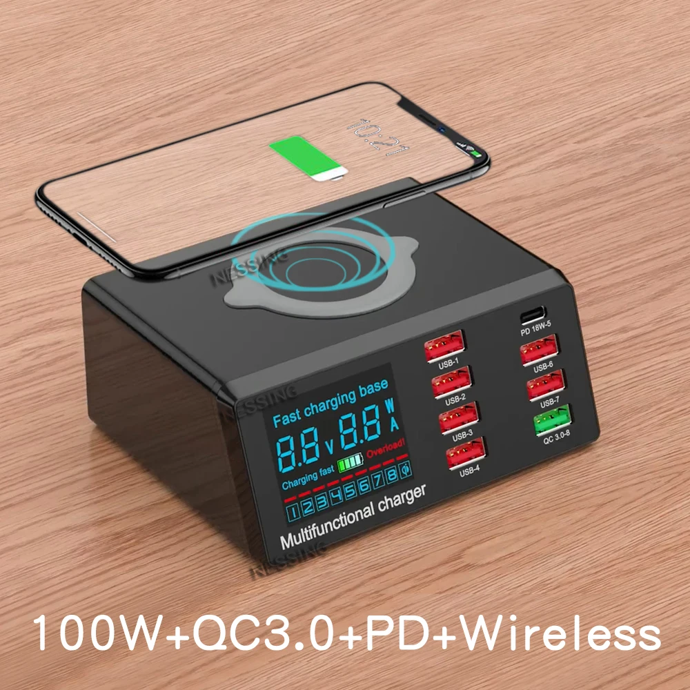 100 Вт PD QC 3.0 Подставка для быстрого зарядного устройства Multi USB HUB Светодиодный