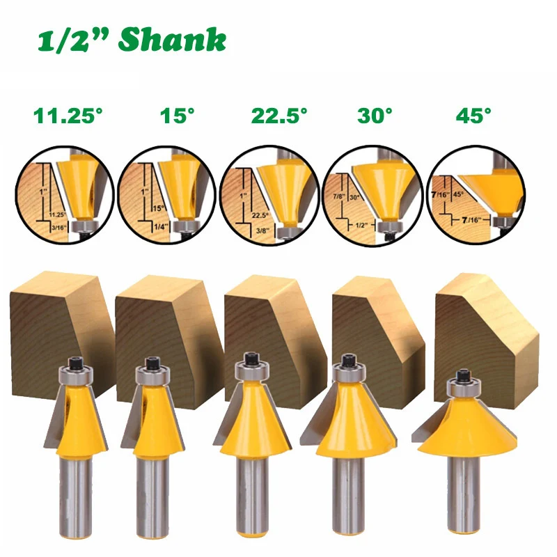 

Фрезерный резак с хвостовиком, 1 шт., 1/2 дюйма, 12,7 мм, резьба по дереву, 11,25, 15, 22,5, 30, 45 градусов, фаска, фреза для отделки кромки, деревообработка