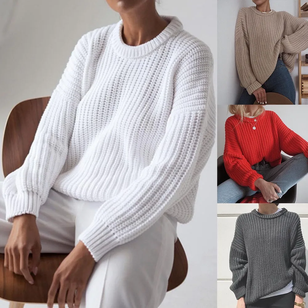 

Women French Classic Long Sleeve Knitted Sweater Ladies Loose Casual Solid Warm Back To The Basics Jumper Pullover Blouse Tops