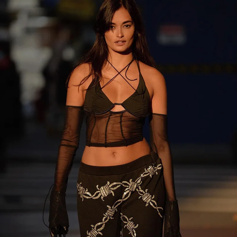 Женские сексуальные сетчатые Лоскутные прозрачные блузки топы с лямкой на шее