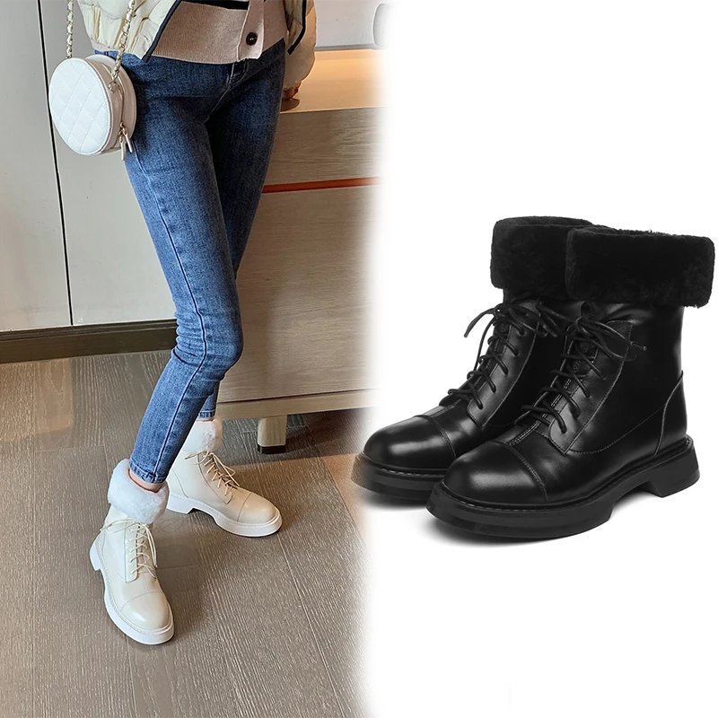 

Женские ботинки из натуральной кожи, зимние шерстяные ботинки на молнии, модная обувь на платформе с круглым носком, женские ботильоны ручн...