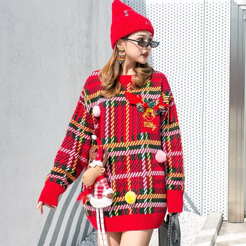 QING MO/красный женский зимний свитер Женский клетчатый с оленем толстый теплый