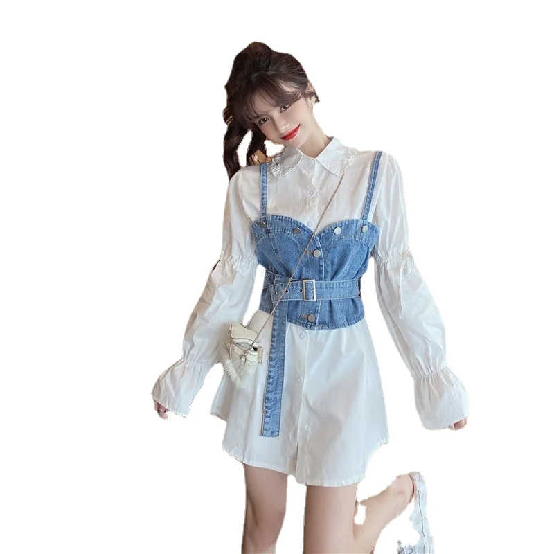 

2022 Spring and Autumn New Lace Puff Sleeve Mid-Length Shirt Dress Denim Camisole Two-Piece Suit for Women