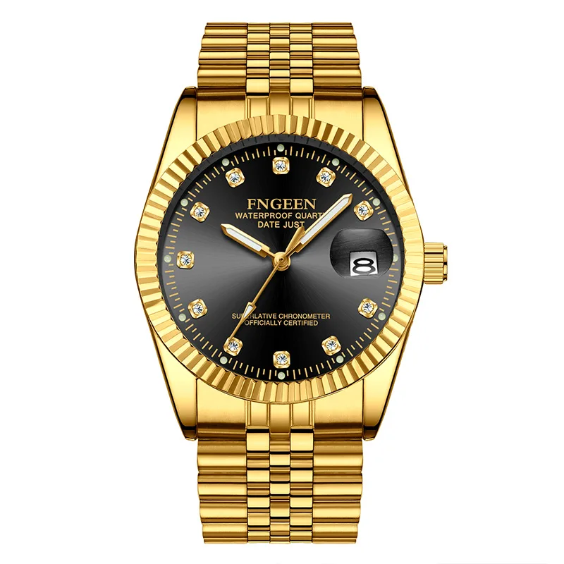 

2021 Men's Watch Fashion Golden Watches Date Men Business Stainless Steel Ripple Strap Quartz Watch Relogio Masculino