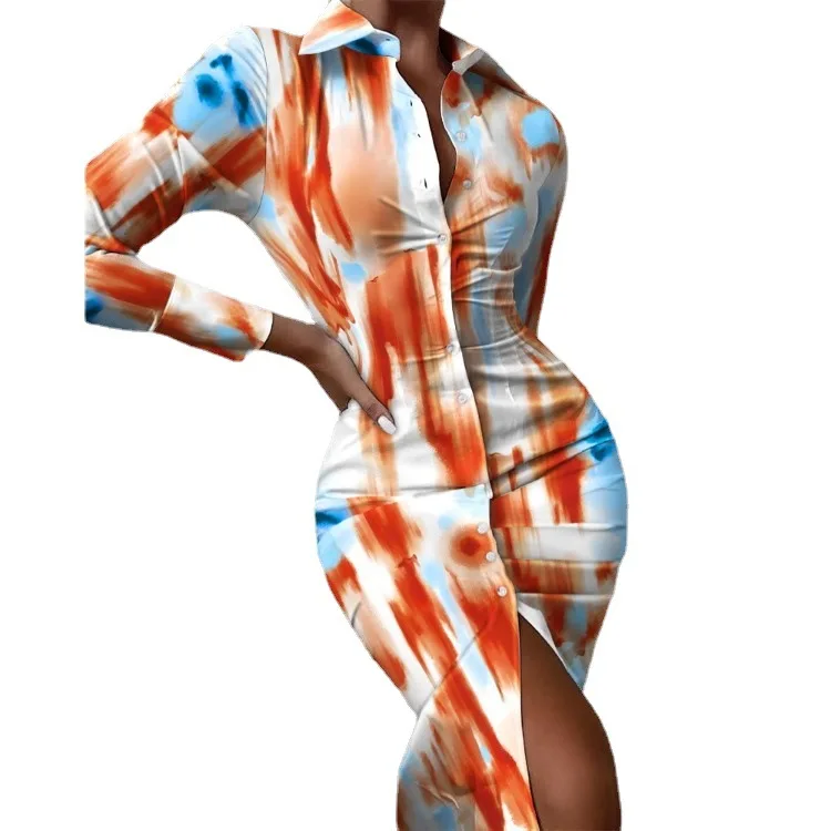 Women's shirt dress long sleeve sexy waist waist printed cardigan shirt