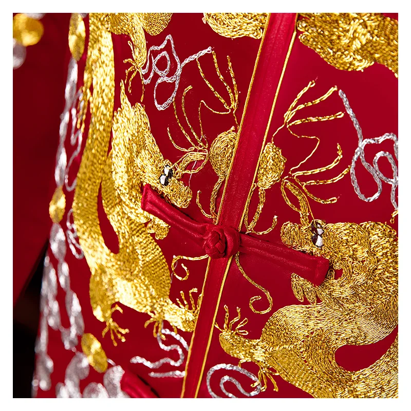 

Red Groom Vintage Loose Cheongsam Traditional Chinese Wedding Gown Satin Qipao Embroidery Dragon Costume Vestido Oriental Mens
