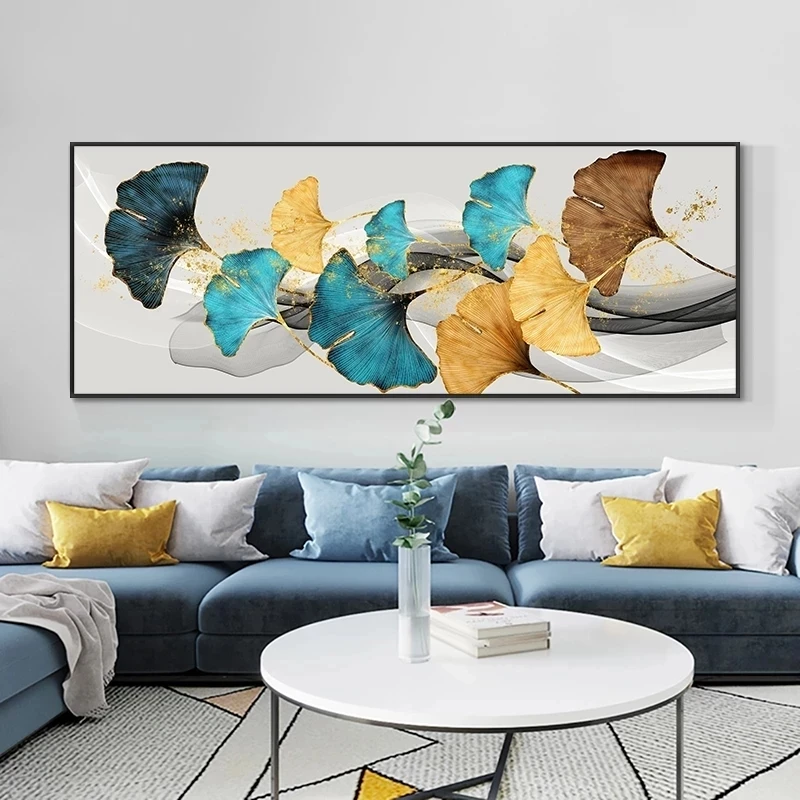 

Yellow and Blue Ginkgo Leaves Oil Painting on Canvas Print Nordic Poster Wall Art Picture for Living Room Home Decor Frameless