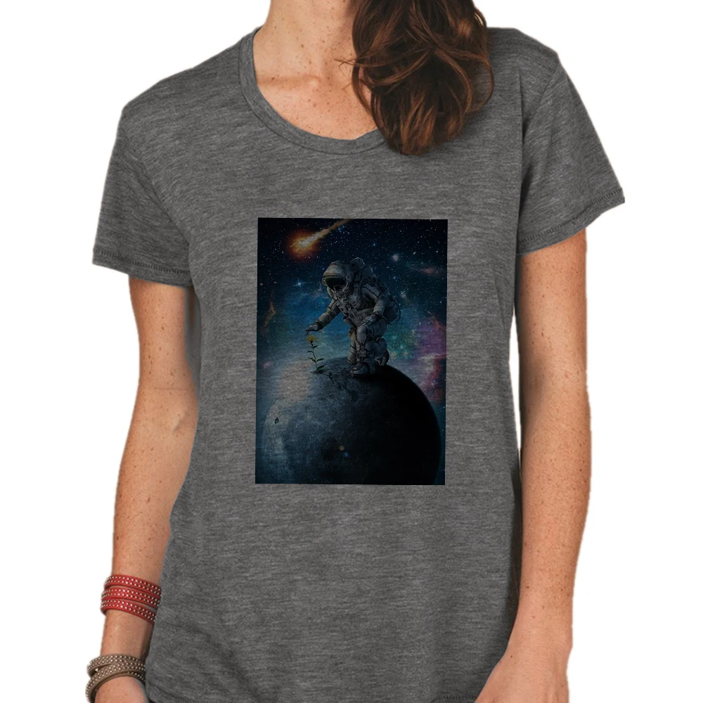 

Astronaut and Starry sky Print Modern Girl Beautiful Short sleeve Top Gorgeous Versatile T shirt Casual O-neck White Grey Tshirt