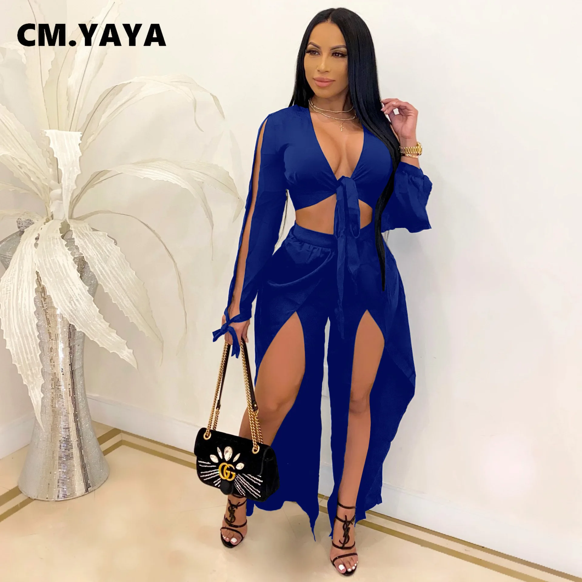 

Женский комплект из 2 предметов CM.YAYA, элегантный укороченный топ с завязками и расклешенные брюки с разрезом, Осенний сексуальный спортивны...