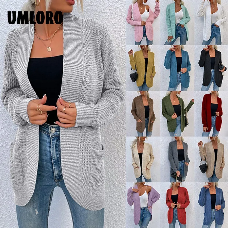 

Свитер Umloro 2021, женский кардиган с длинными рукавами и открытыми передними карманами, вязаный свитер с драпировкой, верхняя одежда, женская о...