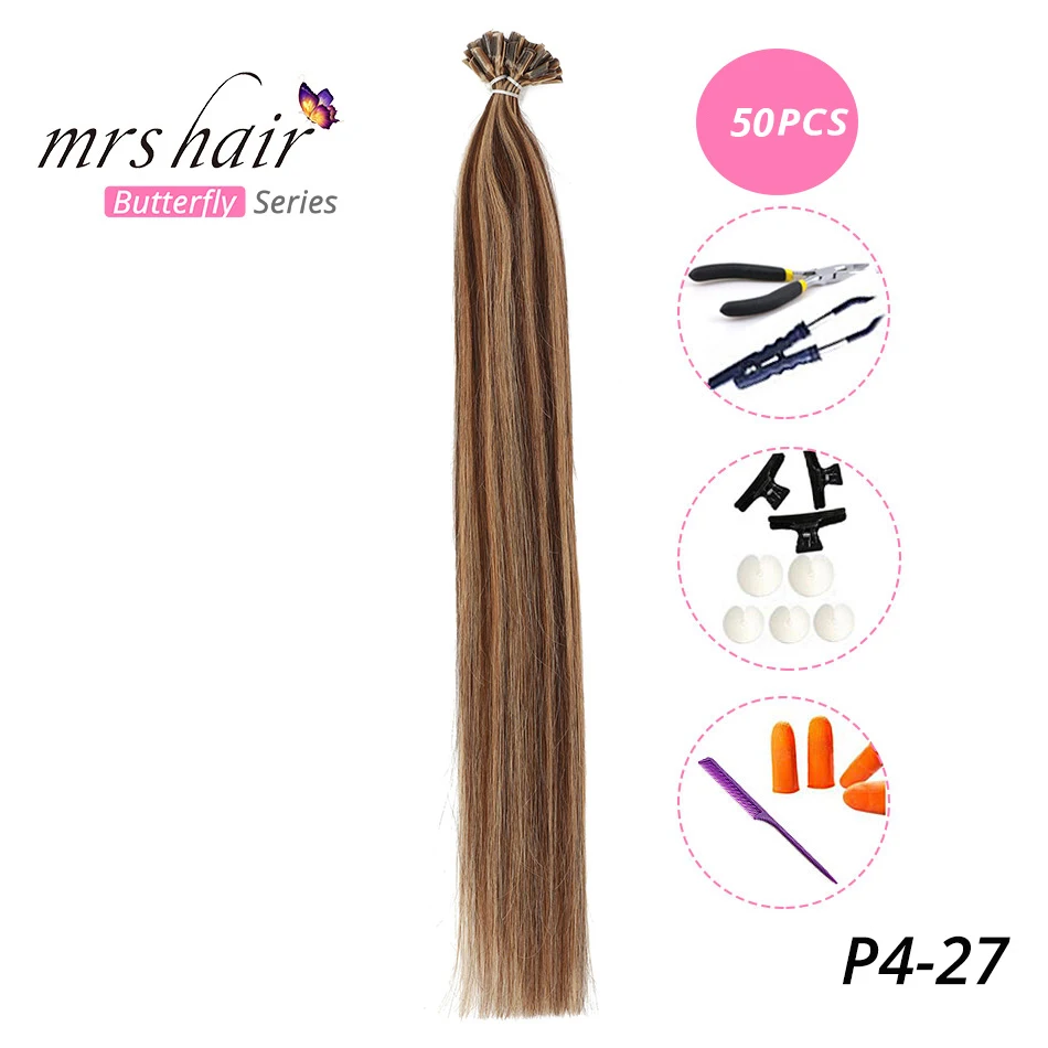 MRS HAIR, 1 г/шт., 14 дюймов, 16 дюймов, 20 дюймов, 24 дюйма, накладные волосы, прямые волосы Remy Nail, кератиновые человеческие волосы, 50 шт - Цвет: KUTP-4-27-50