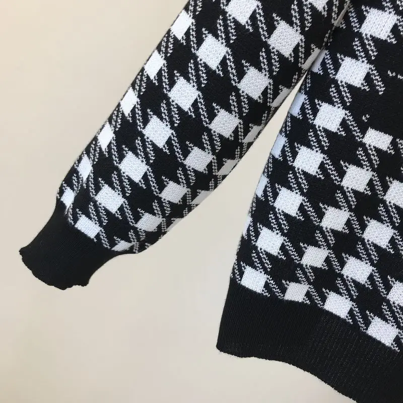 

Fashion black white plaid patchwork tracksuit knit two piece suit women 2020 new style zipper coat top + stripe harem pants