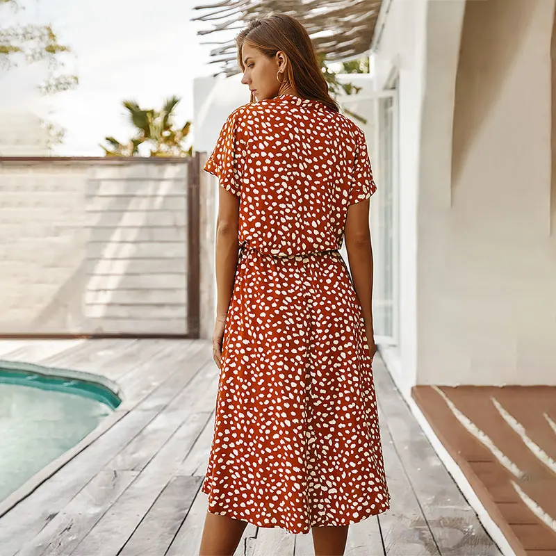 

Polka Dot Print Single Breasted Women Dress A-Line Short Sleeve Elastic Female Midi Dresses 2021 Summer Vintage Lady Clothes