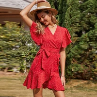 women dress 2021 new floral printed summer butterfly sleeve v neck ruffled a line dresses for female holidays chiffon dress