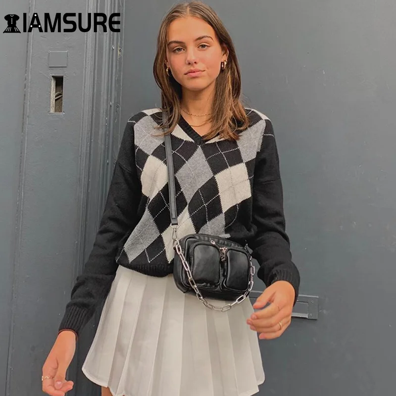 

Женский вязаный свитер в клетку IAMSURE с геометрическим рисунком, винтажный пуловер с длинным рукавом, топы, джемперы, модные теплые осенние Д...