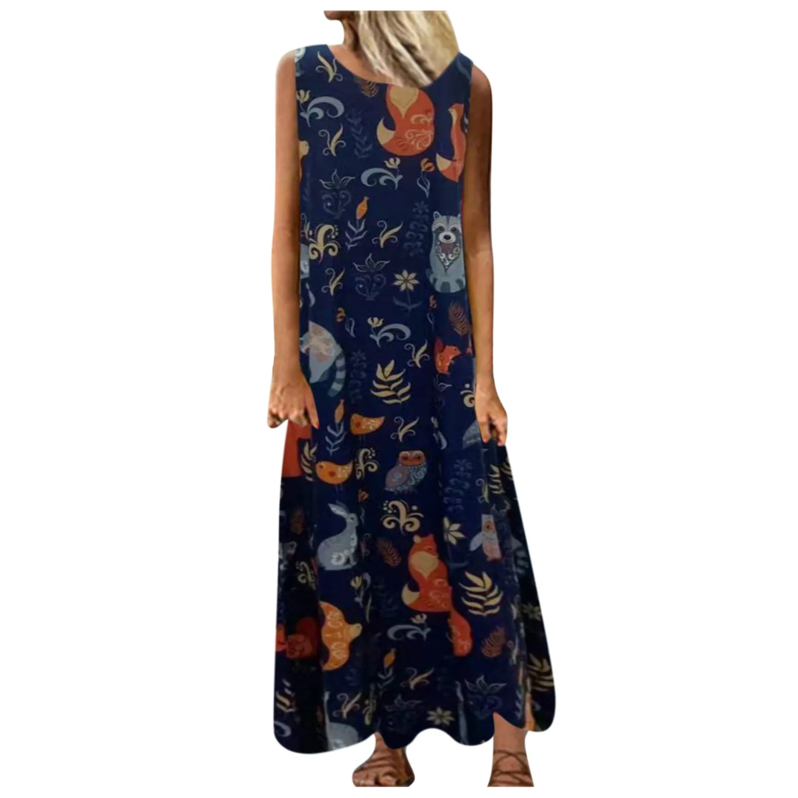 

Sundresses Fashion Loose Long Dress Sleeveless O-Neck Printed Retro Dress summer women's dress 2021