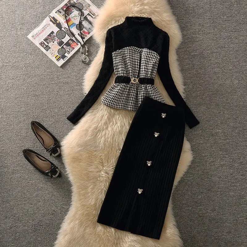 

Женский осенне-зимний винтажный комплект из двух предметов 2021, Женский клетчатый Повседневный Топ в стиле пэчворк + Искусственный элегантн...