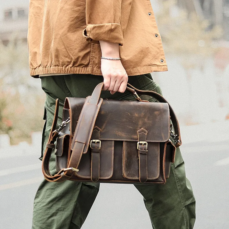 Retro luxury natural real leather men's shoulder messenger Cambridge bag casual crazy horse leather portable briefcase