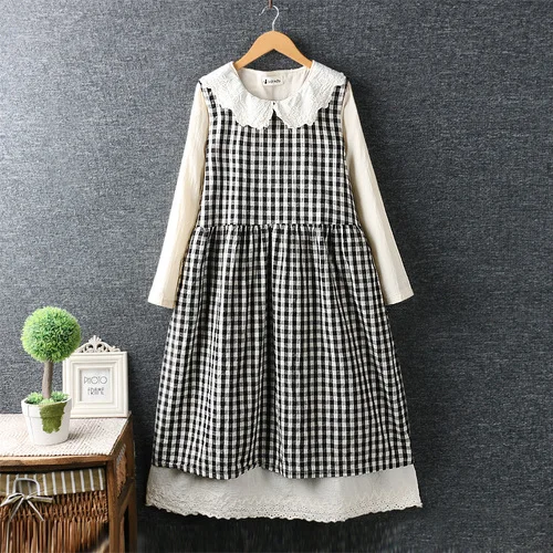 black plaid Милый в стиле Mori Girl винтажный клетчатый осенний пуловер с куклой, платье Vestidos, женское платье с отложным воротником из двух частей, свободное платье, платье длинное Femme - Цвет: black plaid