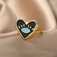 punk love heart gold rings for women vintage turkish evil eye enamel open ring jewelry accessories gift bijoux femme on sale