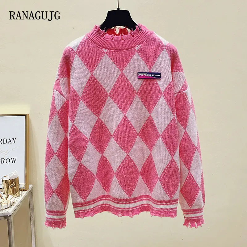 

Women's Fashion Thermal Sweater Winter Clothes Korean Style Plaid Jumper For Girls Long Sleeve Warm Knitted Top Pink 2021 New