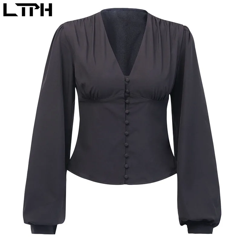 

Hot sale 2019 Autumn new women shirts sexy Deep V-neck high waist lantern sleeve fashion wild single-breasted solid blouse tops
