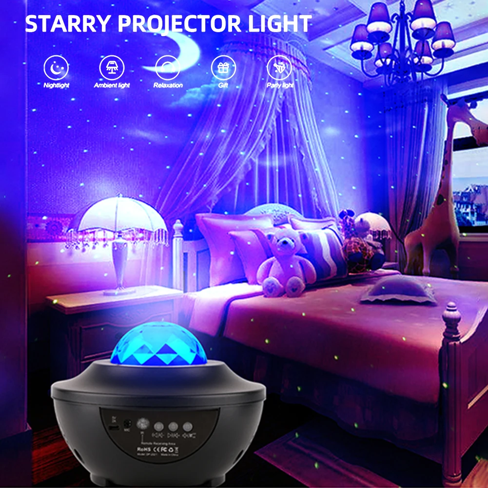 

Светодиодный проектор звездной Галактики, ночник океанской волны, музыкальный проигрыватель с дистанционным вращением звездного неба, укр...