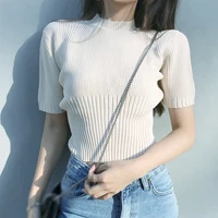 new summer women tees ladies simple pullover tops korean solid o neck casual slim knitted short sleeve top