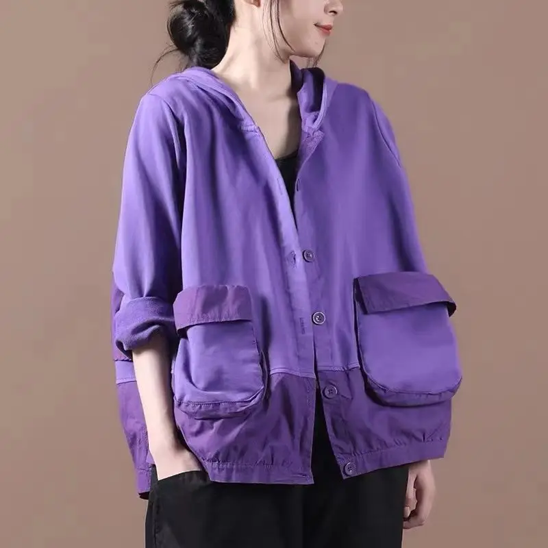 

Модная женская куртка на весну и осень, Повседневная Свободная простроченная куртка с капюшоном и карманами, новинка 2021, осенняя однобортна...