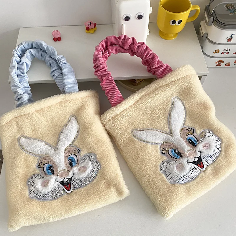 

Sequins Rabbit Women Small Handbags Faux Lamb Wool Ladies Hand Carry Shoulder Bag Female Plush Clutch Purse Bag with Zipper