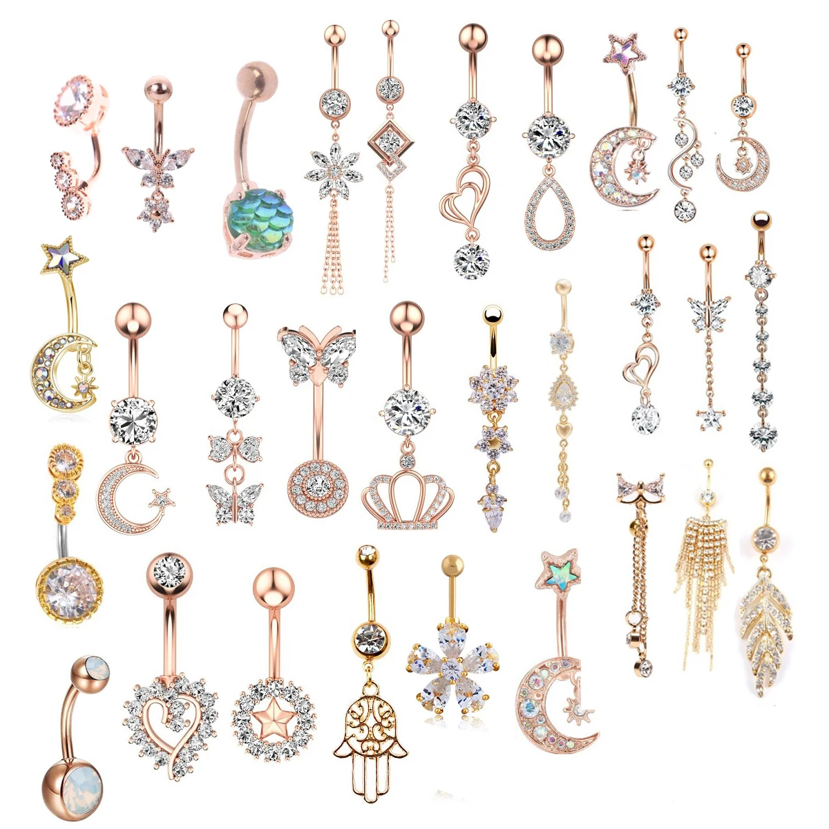 

Разные типы 14 г золотой цвет нержавеющая сталь кольцо для пупка Цветок Сердце CZ кристалл пупок кольца Бабочка пирсинг для пупка