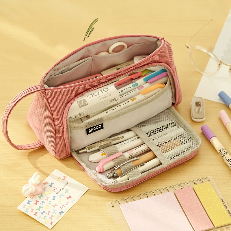 Angoo Corduroy Pen Bag Pencil Case Light Color Multi Slot Easy Handle Storage Pouch Organizer for Stationery School Travel A6443