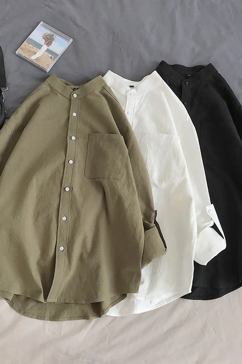 

Cotton Long-sleeved Shirt Men Casual Loose Fashion 3-color Solid Coat Bottoming Shirts Top Mid-length Male Clothes Oversize