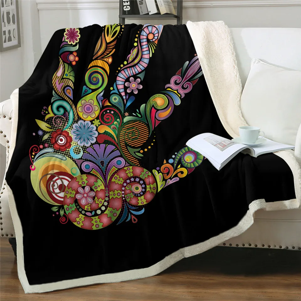 

Hand Throw Blanket on the Bed Vintage Boho Sherpa Fleece Blanket