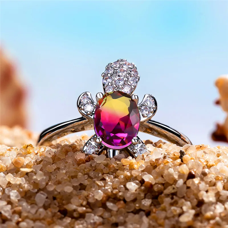 

Trendy Female Oval Rainbow Crystal Jewelry Charm Silver Color Thin Engagement Ring Dainty Beach Turtle Wedding Rings For Women