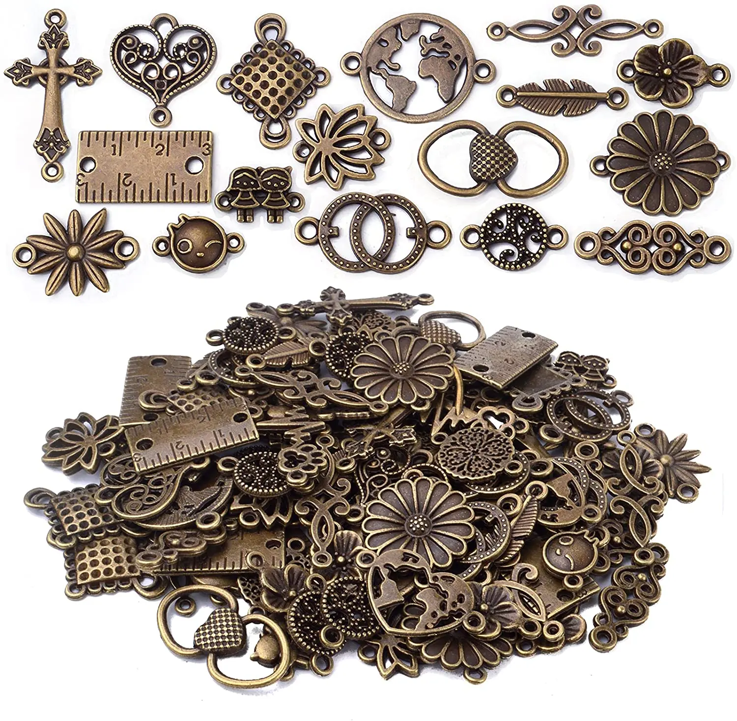 

100g Antique Bronze Flower Leaf Heart Cross Ruler Charms Bracelet Connector Links for DIY Necklace Earrings Jewelry Making