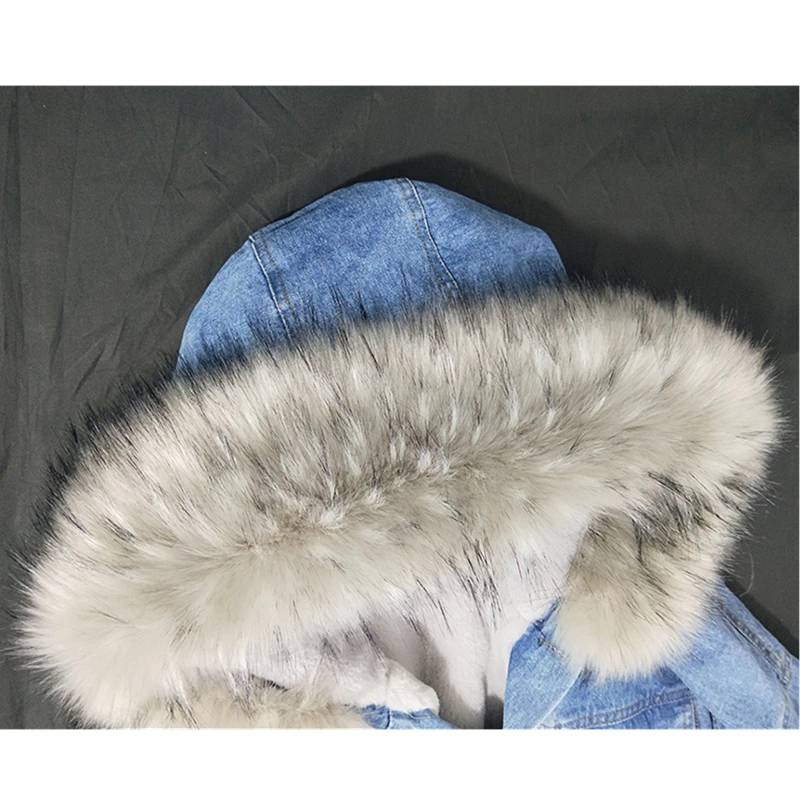 

Jeans Women Winter Cotton Short Jacket Big Fur Collar Lamb Fur Coat Hooded Plus Velvet Thicken Denim Clothing Loose Plus Size