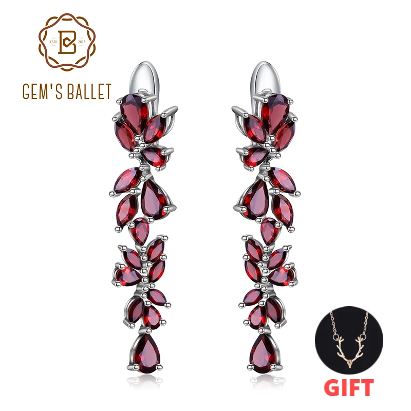 GEM'S балетные 925 пробы, Серебряные Листья, элегантные Висячие серьги для женщин, обручение, 20.35Ct, натуральный красный гранат, серьги, ювелирное изделие