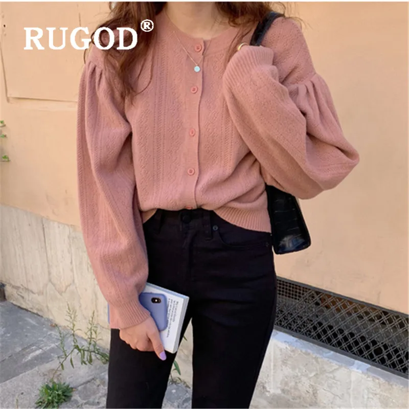 RUGOD Korean New Style Chic Vintage Puff Sleeve Solid Color Cardigan O-neck Single-breasted Hollow-out Sweater Fashion |