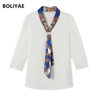 boliyae 2021 spring and autumn women fashion scarf collar shirt lady 34 sleeves office business blouse female loose street tops