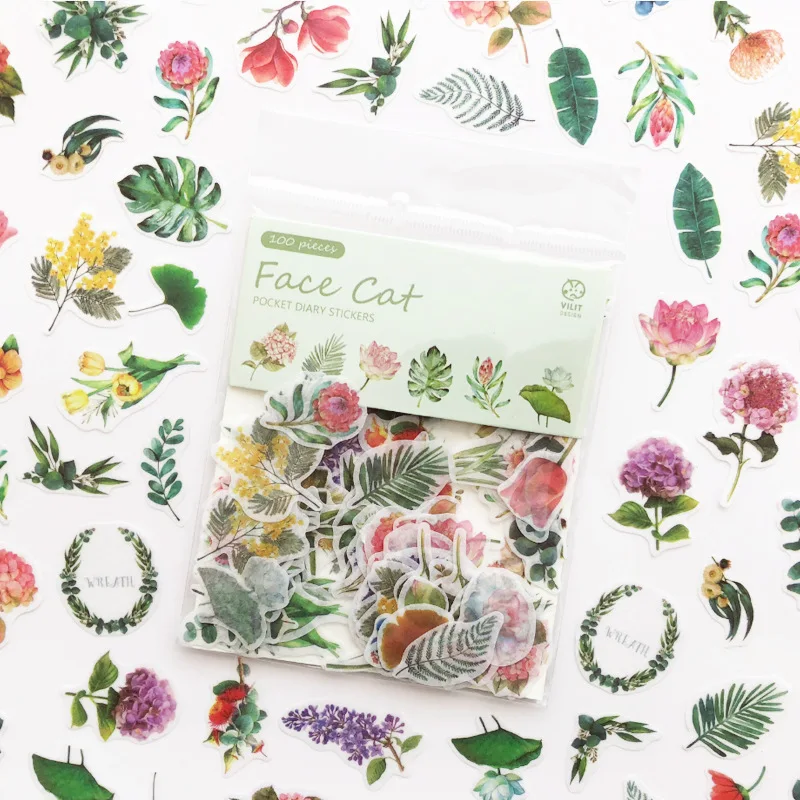 

100pcs/pack Green Plant Sticker Food Cake Cat Stickers Diary Album Decoration Sticker Student Stationery School Office Supply