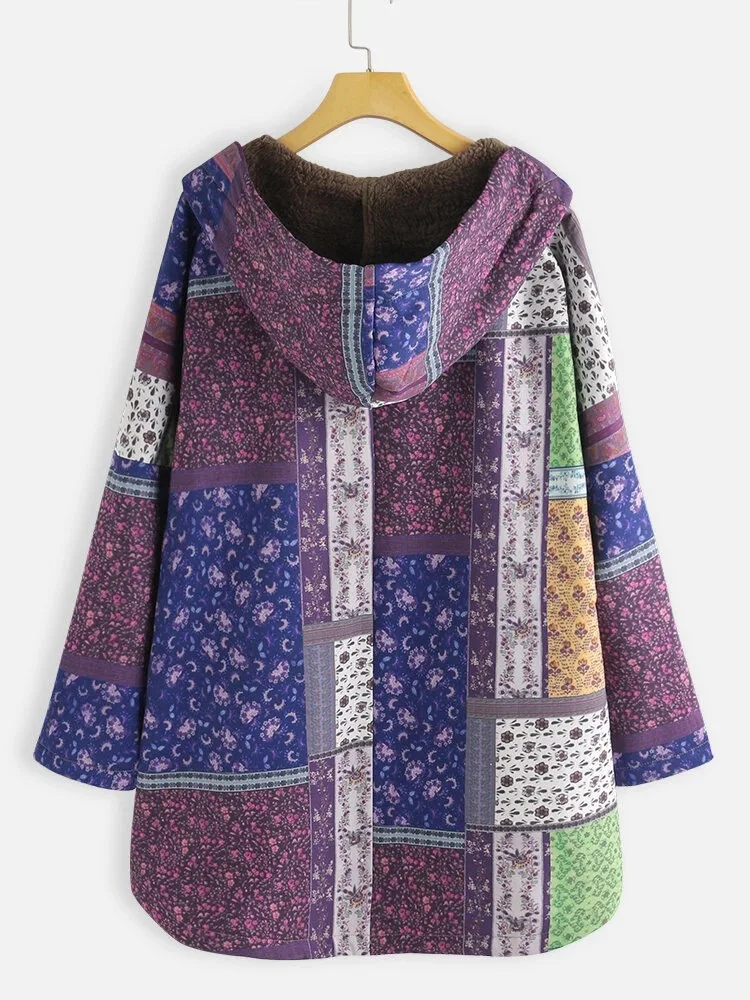 Retro Boho Cotton Jacket Parkas Casual Ethnic Print Fleece Hooded Warm Coat Women Outwear Loose Plus Size M-5XL Winter Clothes