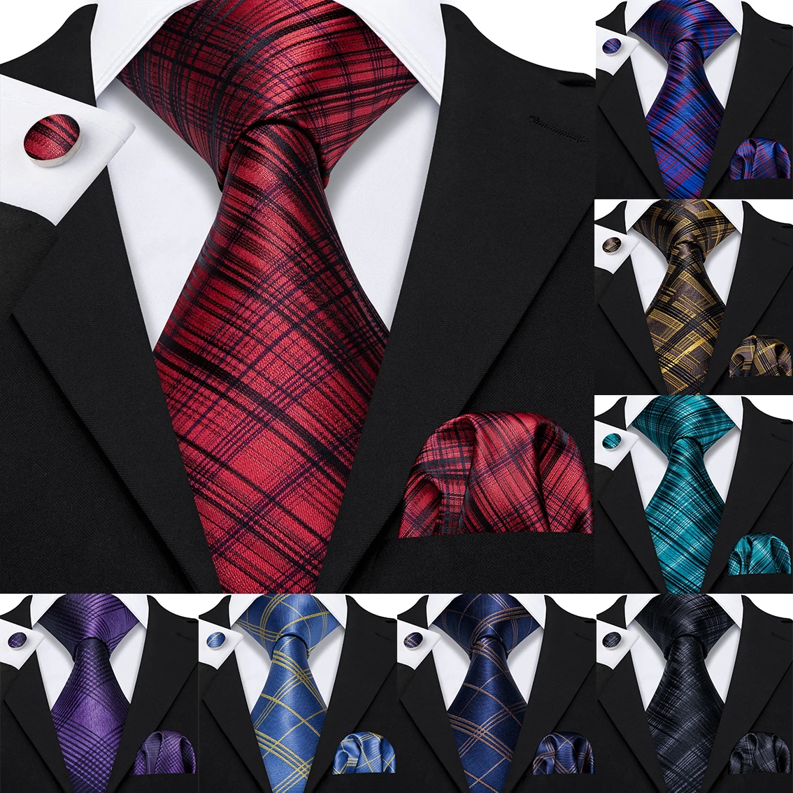 Yellow Plaid Ties For Men Shirts Silk Men's Tie Handkerchief Cufflinks Set 15 Colors Neck Barry.Wang Fashion Design S-5241 | Аксессуары