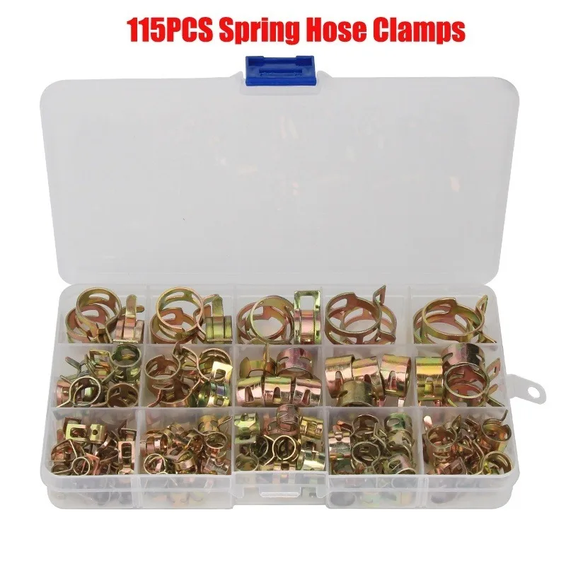 

115pcs / 6-22mm Spring Hose Clamps Zinc Plated Spring Clip Fuel Line Hose Water Pipe Air Tube Clamps Fastener Pipe Clamp tongs