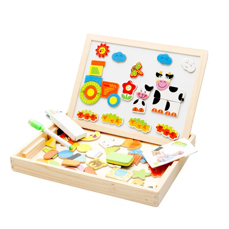 

Cartoon Educational Wooden Toys Magnetic Drawing Board With Storage BoxMultifunctional Puzzle Blocks Board Creativity Game